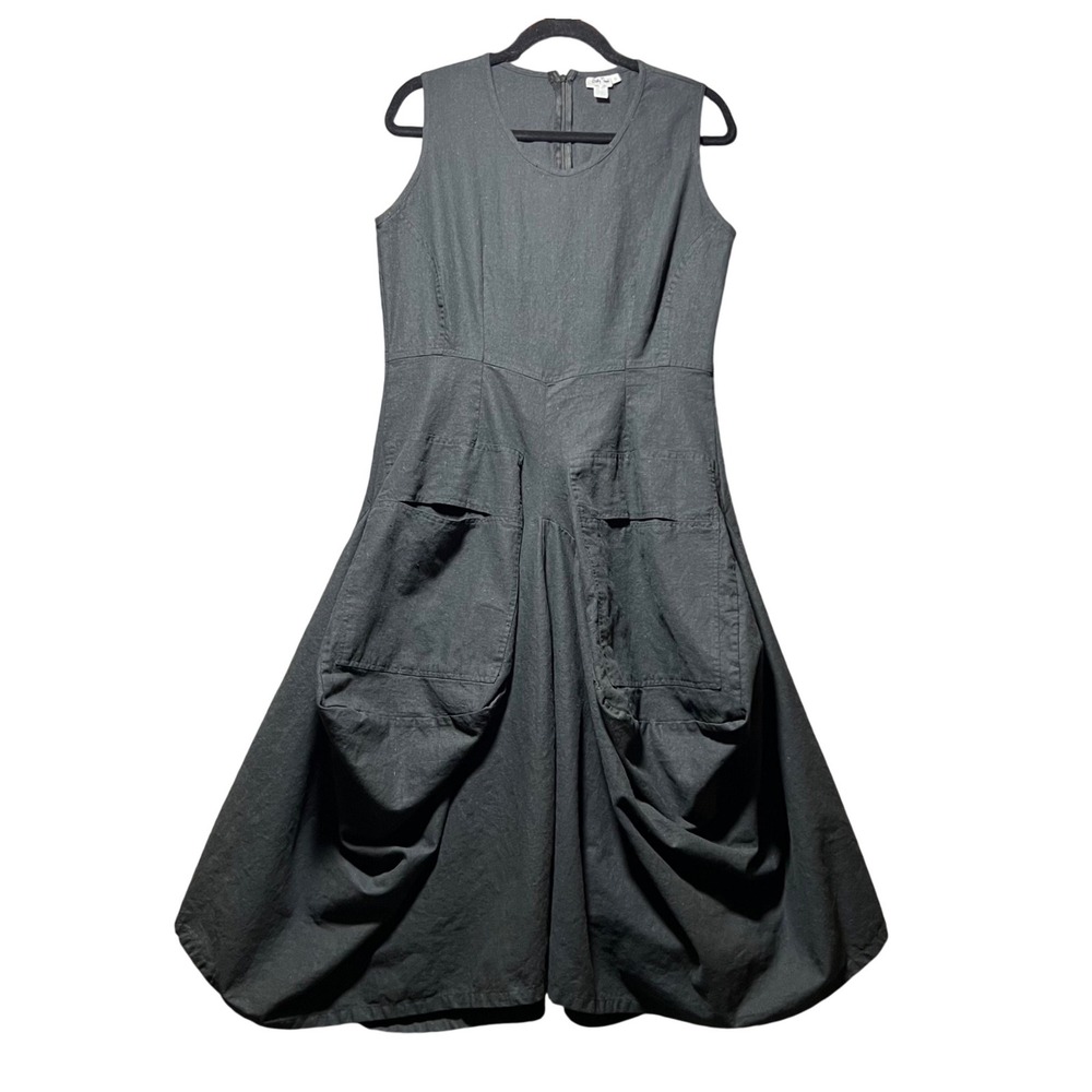Linen Dress Black Pockets Lagenlook Bubble Hem Avant Garde Small Handmade